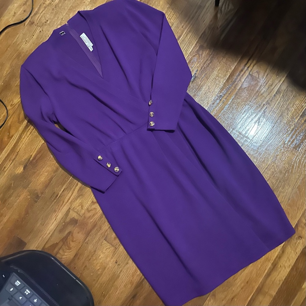 St John Marie Gray Purple Santana Knit Dress Vneck mock wrap. Size 16 Vintage.
